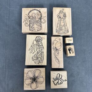Stampendous Wood Rubber Stamps Lot Santa Angel Flower Birch Basket Bells Balloon